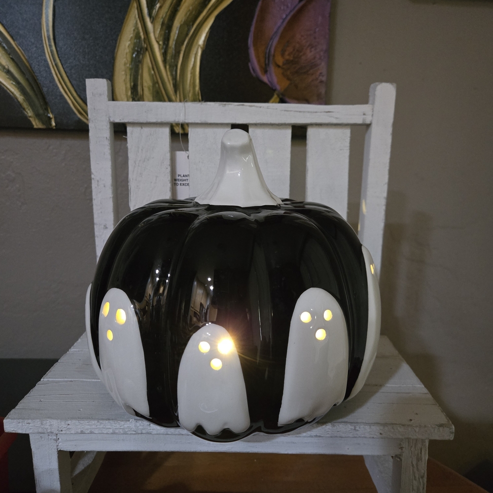 Black & White Light Up Ghost Pumpkin